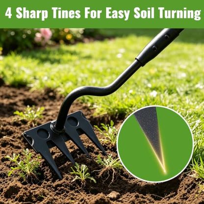 Weeding Rake for Gardening, 70 Inch Weed Puller Tool with Long Handle for Weeding Loosening Soil Cultivating Heavy Duty Metal 4 Tines Weeder for Backyard, Lawn, Garden Beds - size: 4 tines