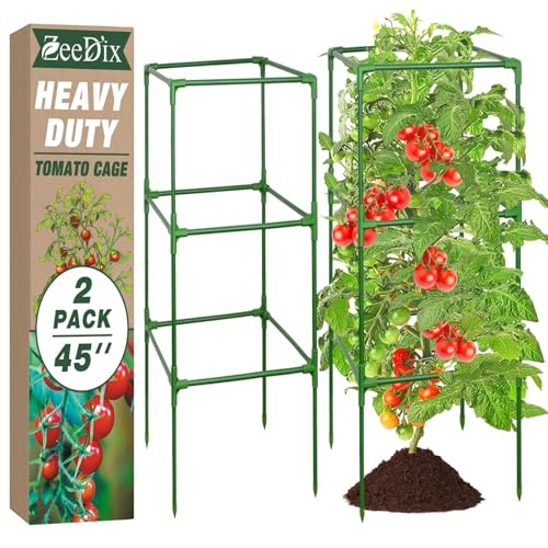 ZeeDix 45 Inch Square Tomato Cages for Garden with Clips 2 Pack - color: Green-2 Pack, size: 45-inch
