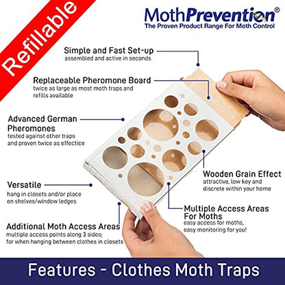 Powerful Clothes Moth Traps + Replacement Strips (9 Strips in Total) - Traps & Refills by MothPrevention - for Indoors, Home, Closets & Clothing
