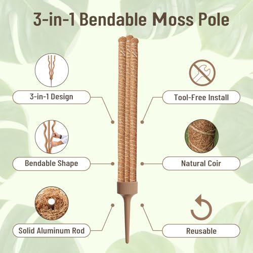 3-in-1 Moss Pole, Bendable 30IN Monstera Plant Support for Indoor-1 Pack