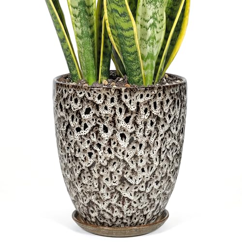 11.8 Inch Flower pots for Indoor Plants,Ceramic Planter with Saucer Drainage Leak-Proof Mesh Gardening Gloves (Spotted White) - color: Spotted White, size: 11.8 Inch