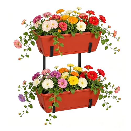 Railing Planter Boxes 17 Inches Rectangular Window Box Planters with Flower Box Brackets 2 Tier Adjustable Balcony Planters for Indoor Outdoor Herb Plants Hanging Porch Fence Rail - color: Red