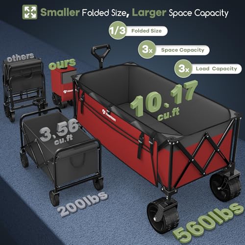 HIKEMOON 48'' Extra Large Collapsible Wagon, Big Wheels, 300L Blue & Grey - color: Red & Grey