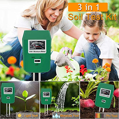 Soil Test Kit for Moisture, pH& Sunlight Meter,3 in 1 Soil Tester for Plant, Vegetables, Garden, Lawn, Farm, Indoor/Outdoor Use (No Battery Need) (Green 2.0)