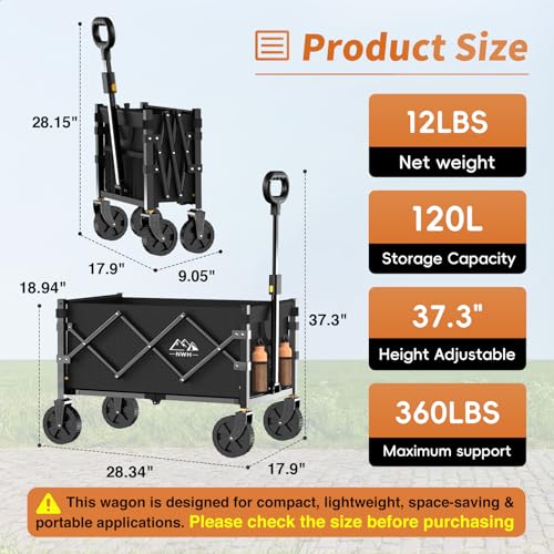 NWH Collapsible Wagon Cart with Wheels Foldable, 360LBS Large Capacity Portable Folding Utility Heavy Duty Beach Wagons Cart with All-Terrain Wheels for Groceries Shopping, Camping, Sports, Garden - size: 120L