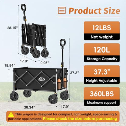 NWH Collapsible Wagon Cart with Wheels Foldable, 360LBS Large Capacity Portable Folding Utility Heavy Duty Beach Wagons Cart with All-Terrain Wheels for Groceries Shopping, Camping, Sports, Garden - size: 120L