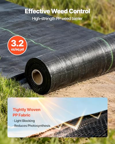 VEVOR Weed Barrier Fabric Heavy Duty, 1.3x100FT 3.2oz Landscape Fabric, Woven Weed Blocker Fabrics, Garden Fabrics Weeds Barrier, Weeds Control Ground Cover, Geotextile Webbing, Gardening Mat, Black - size: 1.3FT*100FT-3.2oz