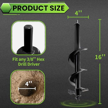 Auger Drill Bit for Planting - 4"X16" Heavy-Duty Auger Post Hole Digger for Fence - 3/8" Hex Drive Drill - size: 4"X16"(Upgraded)