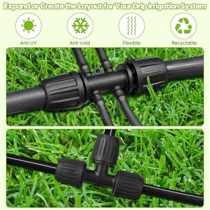 50 FT 1/2 Inch Drip Irrigation Tubing Kit-Drip Line Irrigation Hose 1/2 Inch with 1/2" to 1/4" Barbed Locked 6-Way & 1/2" Tee Connectors-Drip Tube Irrigation Fittings System Parts for Garden Watering