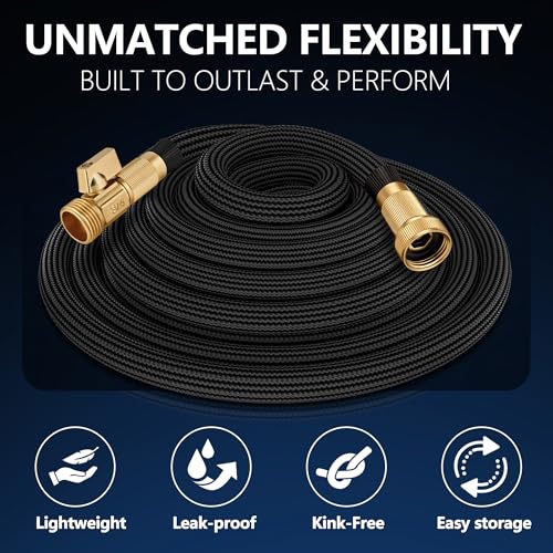 Flexible Garden Hose 25 FT, Ultra Lightweight Water Hoses 25FT w/10 Function Sprayer and 3/4" Brass Fittings, Kink-Free, Sturdy, Abrasion Resistant for Yard, Lawn, Outdoor and Gardening(Black)