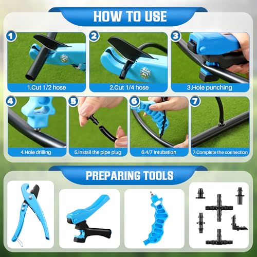 Feekoon Drip Irrigation Hole Punch Tool, 2 in 1 Drip Tubing Punch and Fitting Insertion Tool for 1/4 Inch Emitters, 16 20 25mm PE Pipe, Garden Repair(Blue,115 Irrigation Plugs) - color: Blue