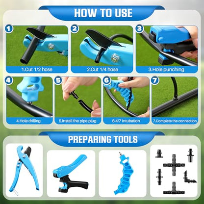 Feekoon Drip Irrigation Hole Punch Tool, 2 in 1 Drip Tubing Punch and Fitting Insertion Tool for 1/4 Inch Emitters, 16 20 25mm PE Pipe, Garden Repair(Blue,115 Irrigation Plugs) - color: Blue