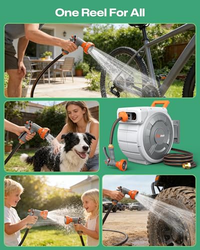 Retractable Garden Hose Reel 85 ft x 1/2 inch, Heavy Duty Automatic Garden Hose Reels, High-Flow, Any Length Lock, 180° Swivel Bracket, Brass Fitting, Wall Mount Water Hose Reel for Outside - color: 85 Ft X 1/2 Inch