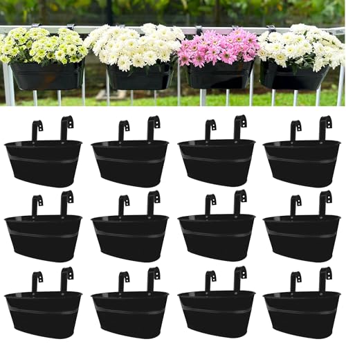LaLaGreen Rail Planter Outdoor Plants(11.8 Inch, 12 Pack) Black Metal Iron Hanging Flower Pots Deck Railings Fence Buckets Modern Countryside Boho Style Wall Mount Window Box Plant Holder Porch Decor - size: 11.8" (30 cm) x 12 Pack