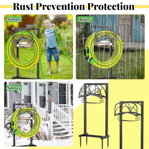 Garden Hose holder, 4-Spike Heavy Metal with Storage Basket, Swirl - style: Floral with Storage Basket