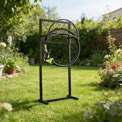 Garden Hose Holder Stand with Storage Basket, Heavy Duty Freestanding Hose Holder for Outside, Holds Up to 150FT Water Hose, Metal Hose Hanger Rack with 4 Anchor Spikes for Yard Lawn Garden