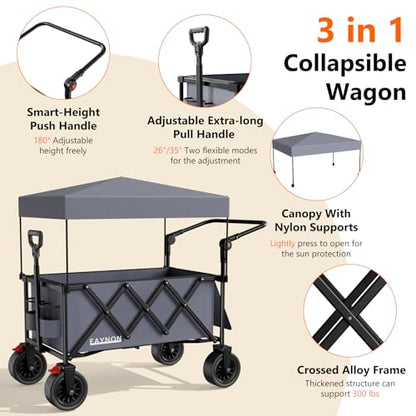 3 in 1 Collapsible Wagon with 300lbs Weight Capacity,150L Heavy Duty Utility Cart with Removable Canopy,with Big All-Terrain Beach Wheels & Drink Holders,Gray - color: Gray