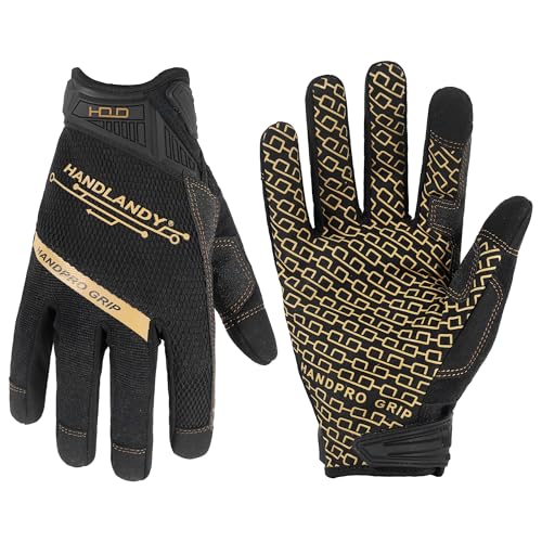 HANDLANDY Mens Work Gloves Touch screen, Utility Mechanic Gloves, Flexible Breathable Fit- Padded Knuckles & Palm - color: Black Gold, size: Medium