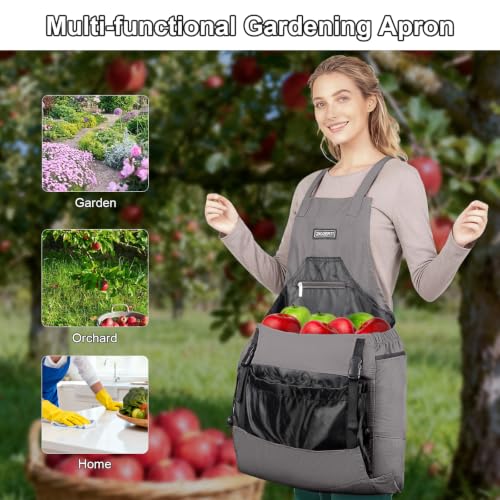 Garden Apron,Harvest Aprons with Drawstring Bag and Pockets for Women and Men,Canvas Fruit Picking Apron - color: Grey
