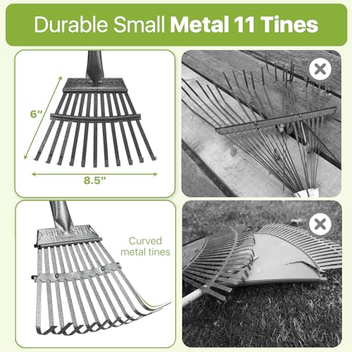Rake for Leaves, Small Leaf Rake for Garden, 70-inch Adjustable Metal Rakes-Tool with 11 Steel Tines for Gardening, Yard, Shrub, Flower Beds, Lawns