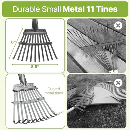Rake for Leaves, Small Leaf Rake for Garden, 70-inch Adjustable Metal Rakes-Tool with 11 Steel Tines for Gardening, Yard, Shrub, Flower Beds, Lawns