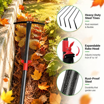 Adjustable Metal Leaf Rake for Leaves, 60 Inch Long Handle Yard Rake with 18 Metal Tines & 8-18" Expandable Head, Lightweight Garden Rake for Lawns, Grass Clippings, Pine Needles - size: 61 inch