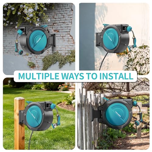 1/2" 110FT Retractable Garden Hose Reel, Wall Mounted Automatic Hose Reel with Upgraded 10 Pattern Nozzle/Any Length Lock/Slow Return System/180°Swivel Bracket, AquaBlue - size: 110FT-1/2"