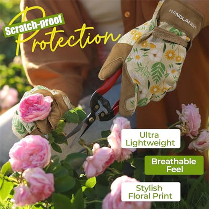HANDLANDY Gardening Gloves for Women, Leather Garden Glove, Gardener Gift - color: Khaki, size: Medium (Pack of 1)