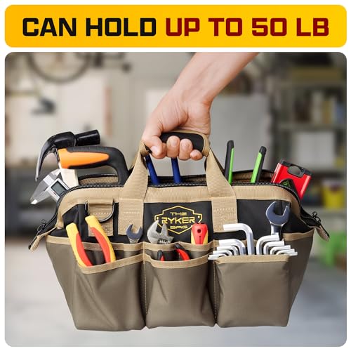 Ryker 14’’ Heavy Duty Tool Bag. Tool Box Organizer for Electricians & HVAC - color: Khaki