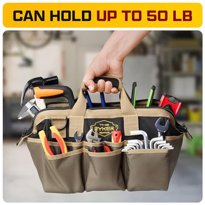Ryker 14’’ Heavy Duty Tool Bag. Tool Box Organizer for Electricians & HVAC - color: Khaki