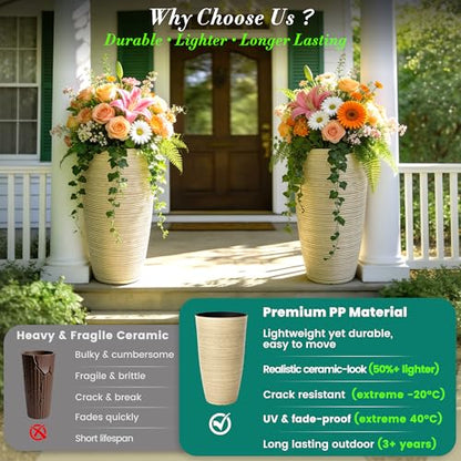 24" Large Outdoor Planters for Plants, Cream Beige Tall Flower Pots - color: 23.5"h-ivory Stripes Texture