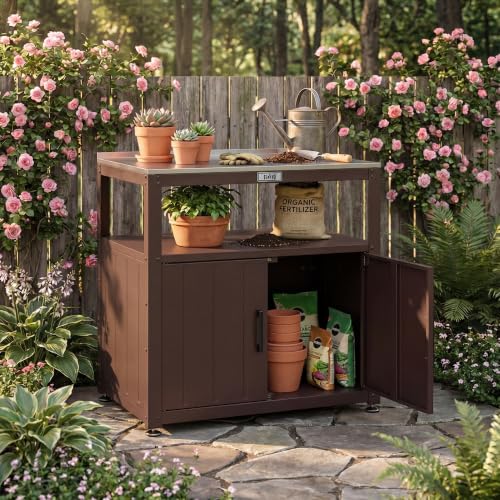 Feasto Metal Outdoor Potting Bench with Storage Cabinet for Garden Work - color: Brown