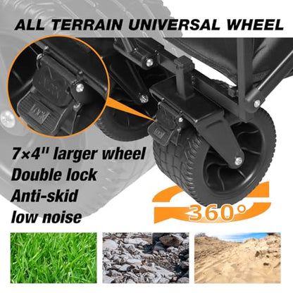 Heavy Duty Collapsible Folding Wagon Cart, All-Terrain Wheels with Dual Brakes, 220LBS Capacity Utility Wagon for Beach, Garden, Grocery, Sports & Outdoor – Black