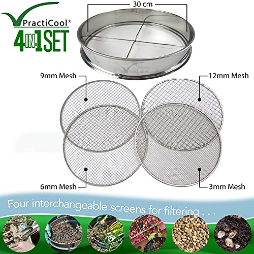 Garden Potting Mix Sieve - Stainless Steel Riddle - Soil sifting pan - with 4 Interchangeable Filter mesh Sizes - 3,6,9,12 mm and Bonus Spade