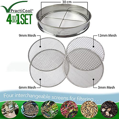 Garden Potting Mix Sieve - Stainless Steel Riddle - Soil sifting pan - with 4 Interchangeable Filter mesh Sizes - 3,6,9,12 mm and Bonus Spade