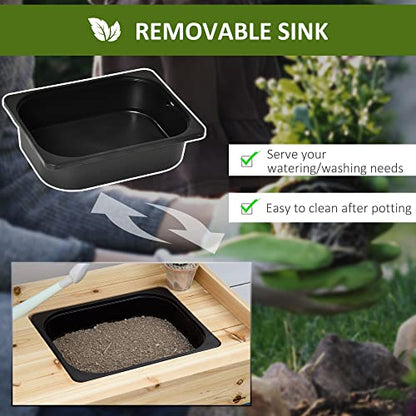Potting Bench Table, Garden Work Bench, Workstation with Metal Sieve Screen, Removable Sink, Additional Hooks and Baskets for Patio, Courtyards, Balcony, Natural
