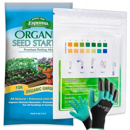 Espoma Organic Seed Starter Potting Soil 16 qt All Natural & Organic Seed Starting Mix with a My Garden Pool PH Soil Test Strips 20 ct, and Superior Gardening Claw Gloves