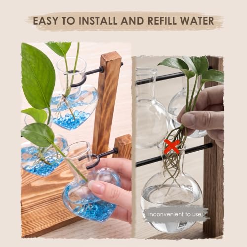 Plant Propagation Station, Heart-Shaped Hydroponic Glass Vase with Wooden Stand Decorative Propagation Stations with Blue Glass Beads for Home Desk Office Gardening Gifts for Plant Lovers