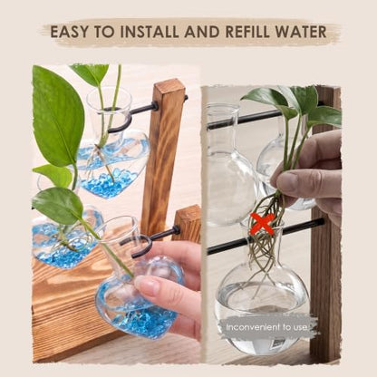 Plant Propagation Station, Heart-Shaped Hydroponic Glass Vase with Wooden Stand Decorative Propagation Stations with Blue Glass Beads for Home Desk Office Gardening Gifts for Plant Lovers