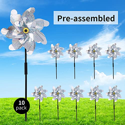 BATTIFE Preassembled Reflective Pinwheels for Yard & Garden, Silver, 10Pack - color: Silver, size: 10 Pack
