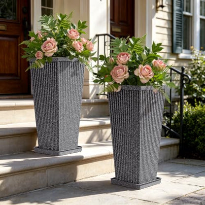 24" Tapered Tall Planters for Outdoor Plants with Tray&Shelf, Gray - color: Dark Gray-sandblasting