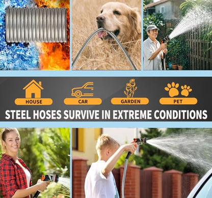 Metal Garden Hose 150FT Heavy Duty Lightweight 304 with Brass Nozzle,Durable Fittings,No Kink & Tangle,Puncture Resistant,Easy to Use & Store for RV,Outdoor, Yard,Ligh (150ft) - size: 150ft