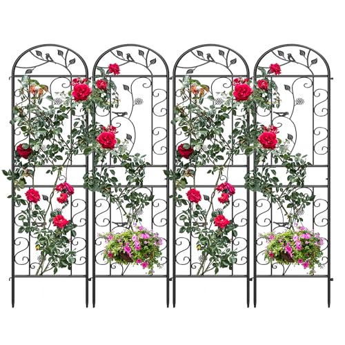 4-Pack 87" x 20" Bird and Daisy Arch Black Metal Garden Trellises - color: 4 Pack 87"- Daisy & Bird Black