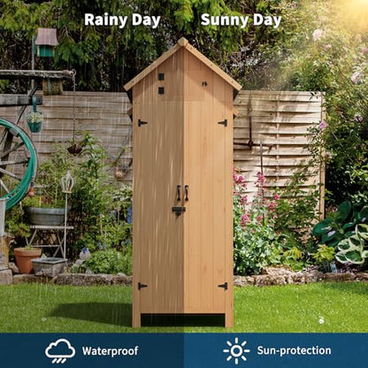 Outdoor Storage Cabinet, 70in Wooden Vertical Garden Tools Shed, Waterproof, Lockable Doors, 3 Adjustable Shelves, Multi-Wall Garden Organizer for Yard Deck Lawn Farmland Equipment