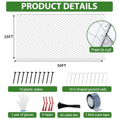 25 x 50 Ft Bird Netting with 2.4" Square Mesh Bird Net for Chicken Coop