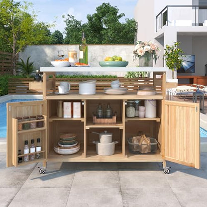 Outdoor Deck Box and Grill Prep Station with 201 Stainless Steel Top, Solid Fir Wood Patio Storage Cabinet for BBQ Tools and Cushions, Rolling Kitchen Island with Spice Rack, 50-Inch, Natural - color: Natural - 50.25 X 18.50 X 36.25 Inch