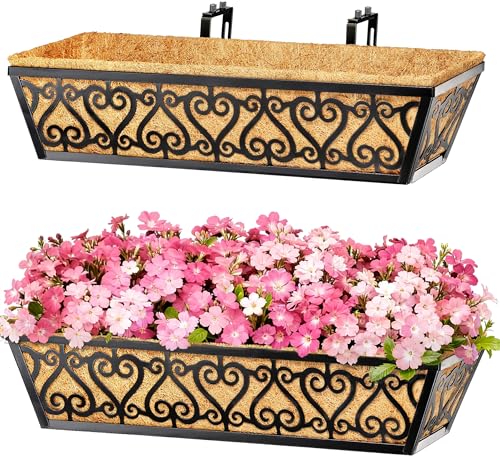 2 Pack 24 Inch Deck Railing Planter Box - Window Boxes Planters with Adjustable Brackets Coco Liners Balcony Planters Railing Hanging for Window Flower Boxes Outdoor Garden Decor - size: 24 Inch