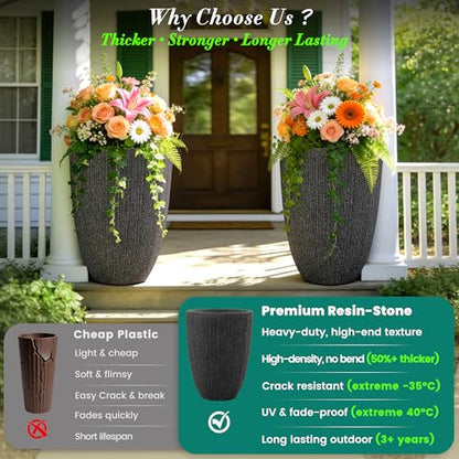 2-Pack 19" Black Resin Tall Round Planters with Fluted Texture - color: 19"h-black Fluted