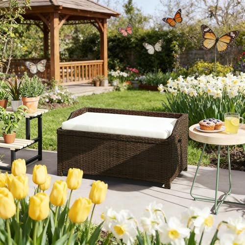 40" Outdoor Wicker Storage Bench, 34 Gallon Deck Box with Cushion, Coffee - color: Coffee,cream White