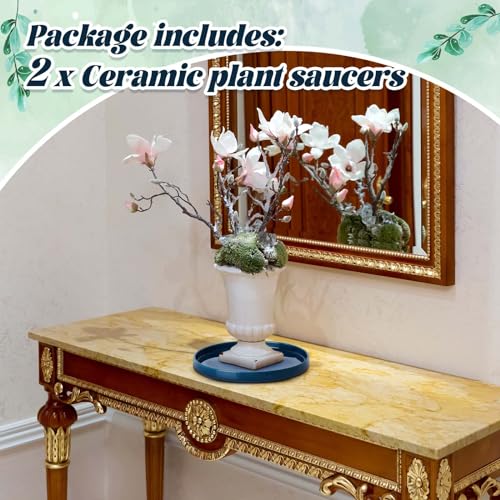 2 Pcs 8 Inch Ceramic Plant Saucers, Blue Round Drip Trays - size: 8 Inch